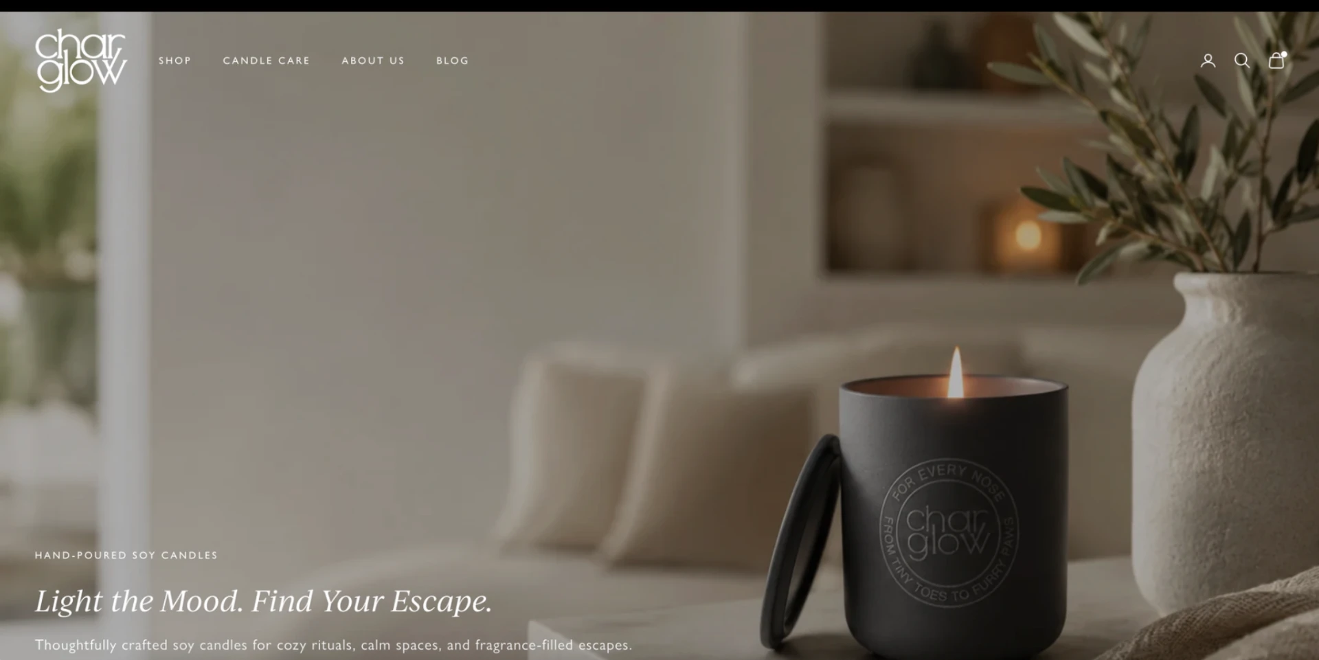 CharGlow candles website homepage
